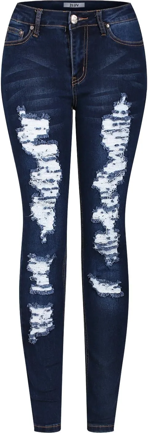 2LUV Women's Stretchy 5 Pocket Skinny Distressed Black Jeans