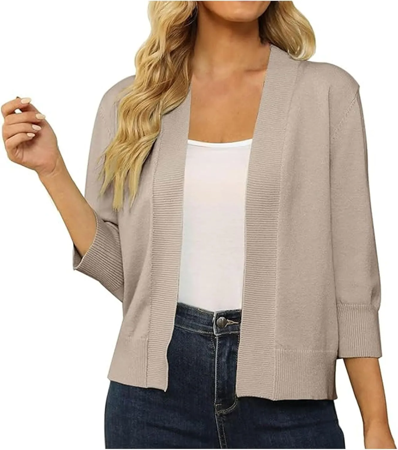 3/4 Sleeve Cardigan for Women Crochet Cropped Cardigan Cable Knit Cardigan Lightweight Casual Cardigan Solid Cardigan