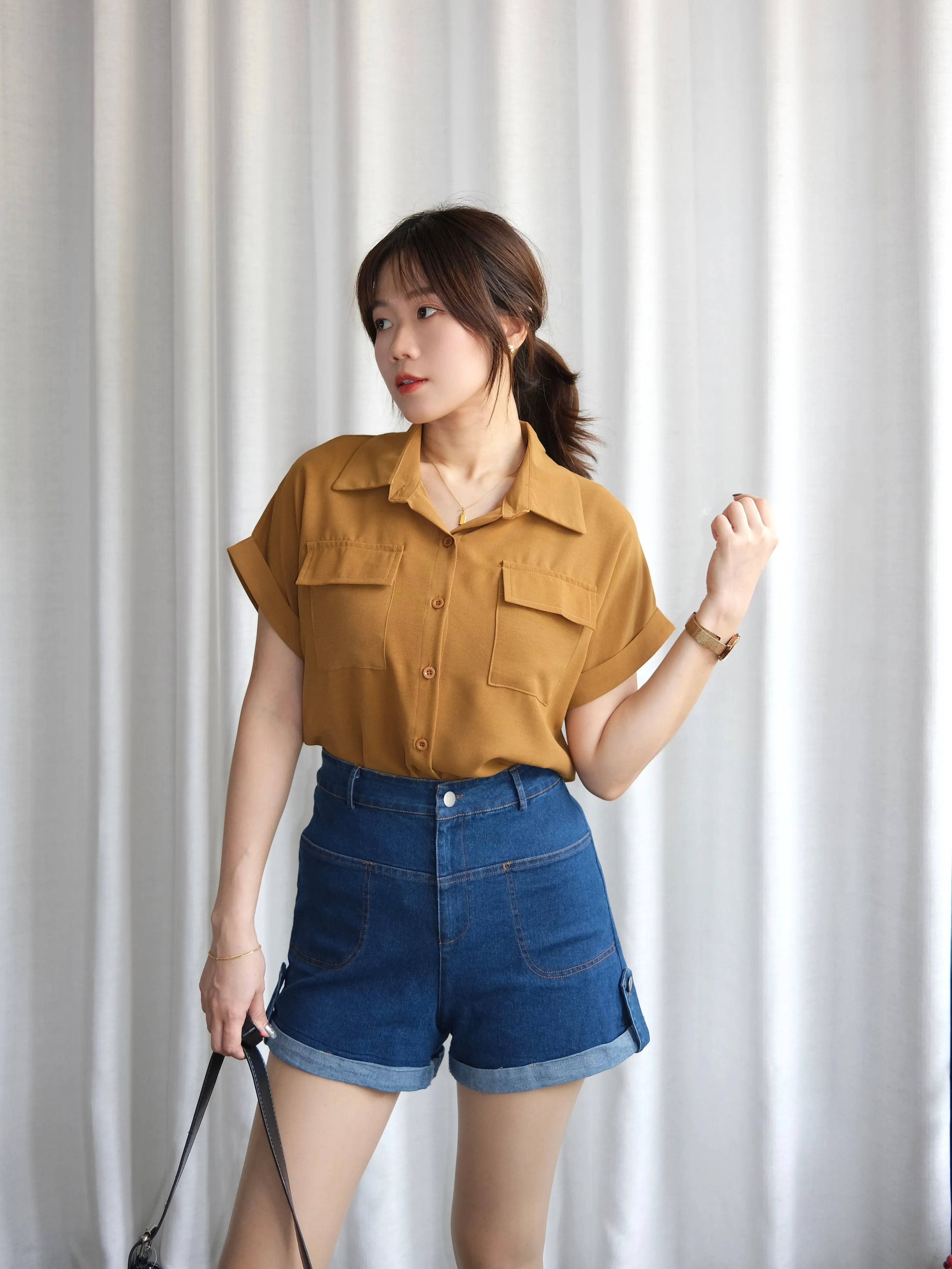 ACEWIN Double Flap Pockets Collar Blouse (Free Size) 110377