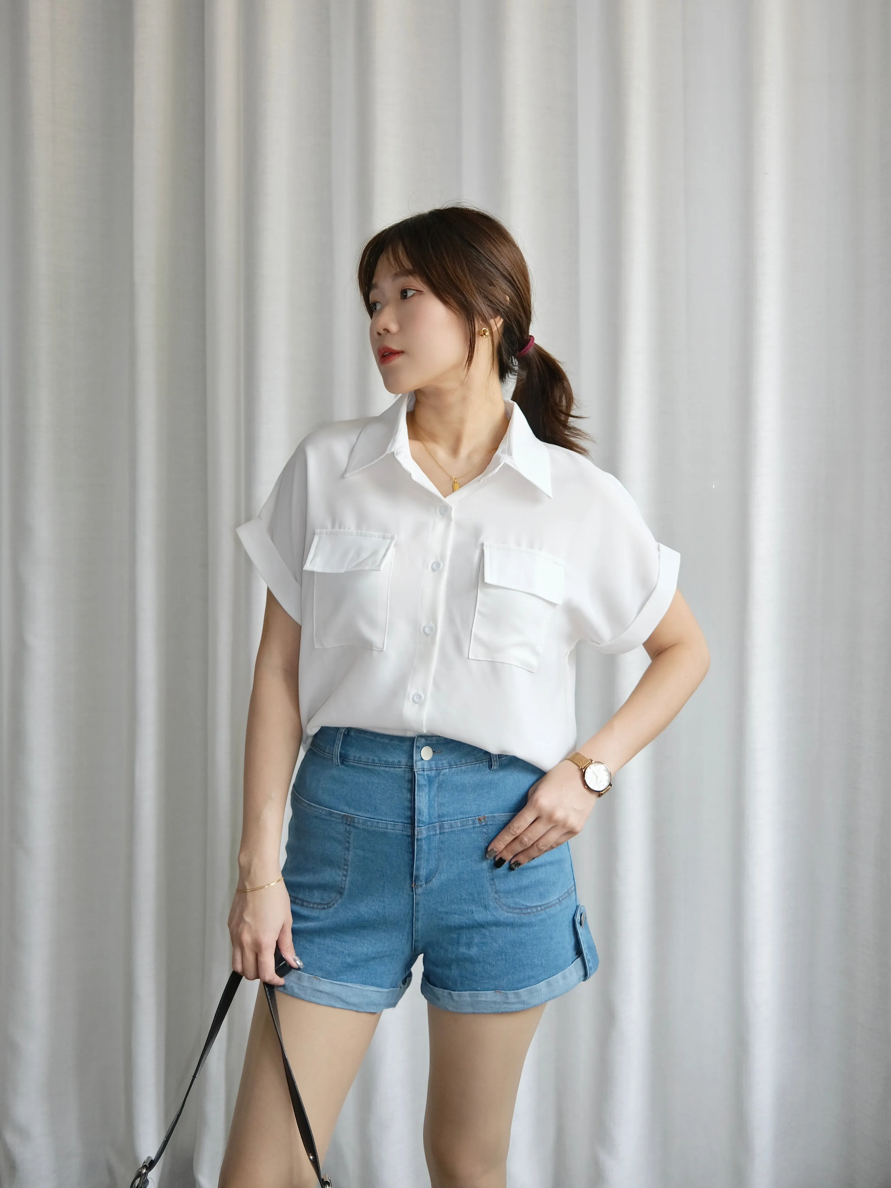 ACEWIN Double Flap Pockets Collar Blouse (Free Size) 110377