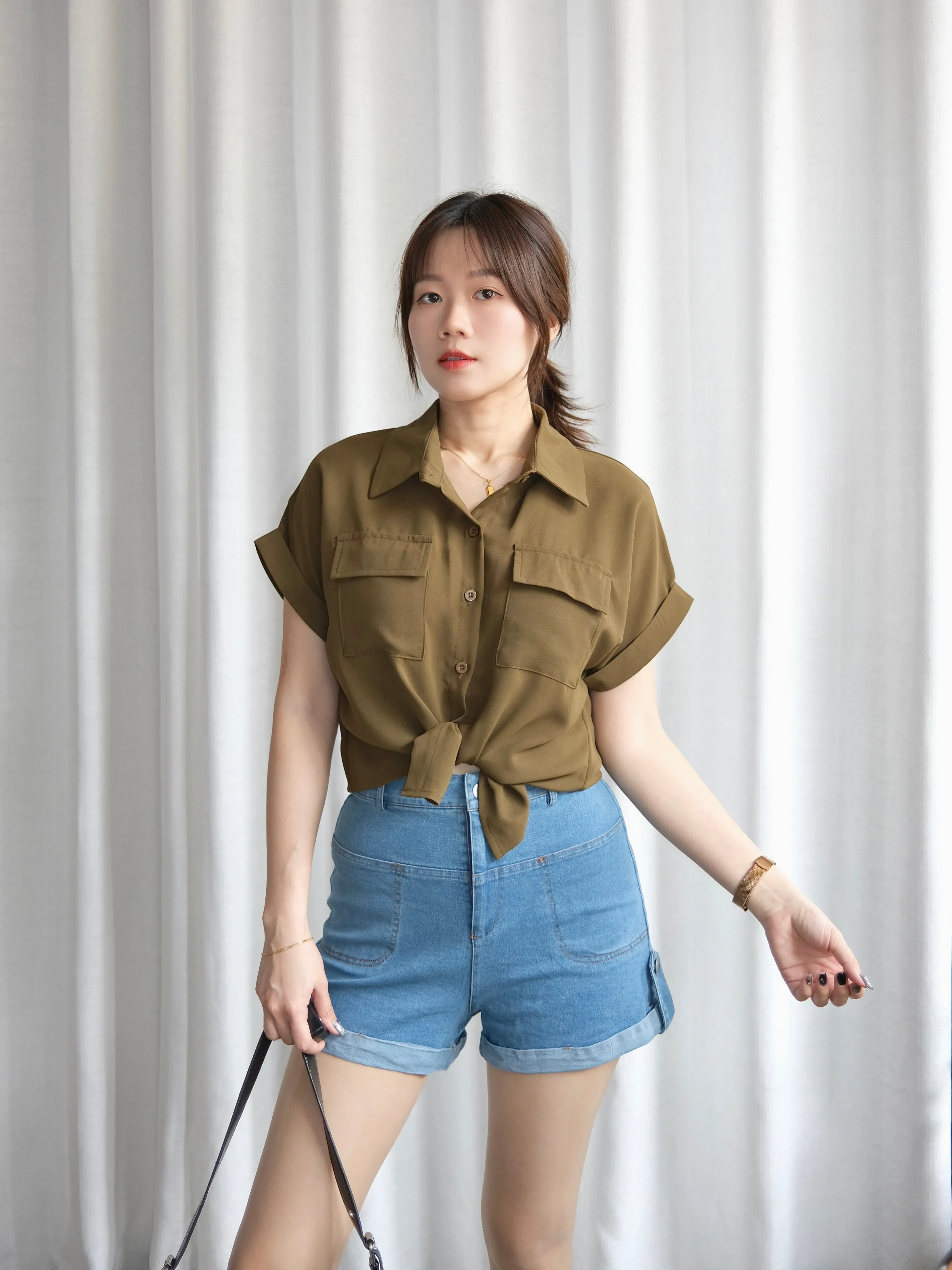 ACEWIN Double Flap Pockets Collar Blouse (Free Size) 110377