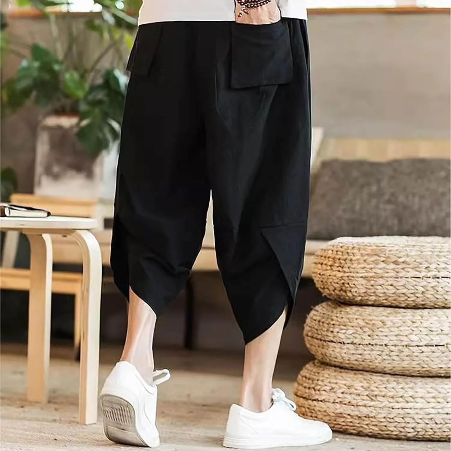Alalaso Mens Long Pants Drawstring Stretch Trendy Cotton Linen Casual Summer Wicking Breathable Solid Color Beach Trousers