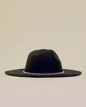Black Embellished Pearl Strap Fedora Hat