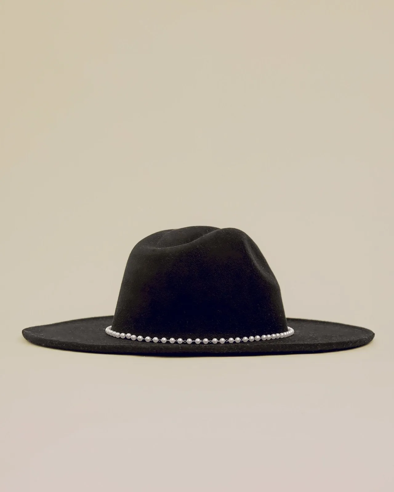 Black Embellished Pearl Strap Fedora Hat
