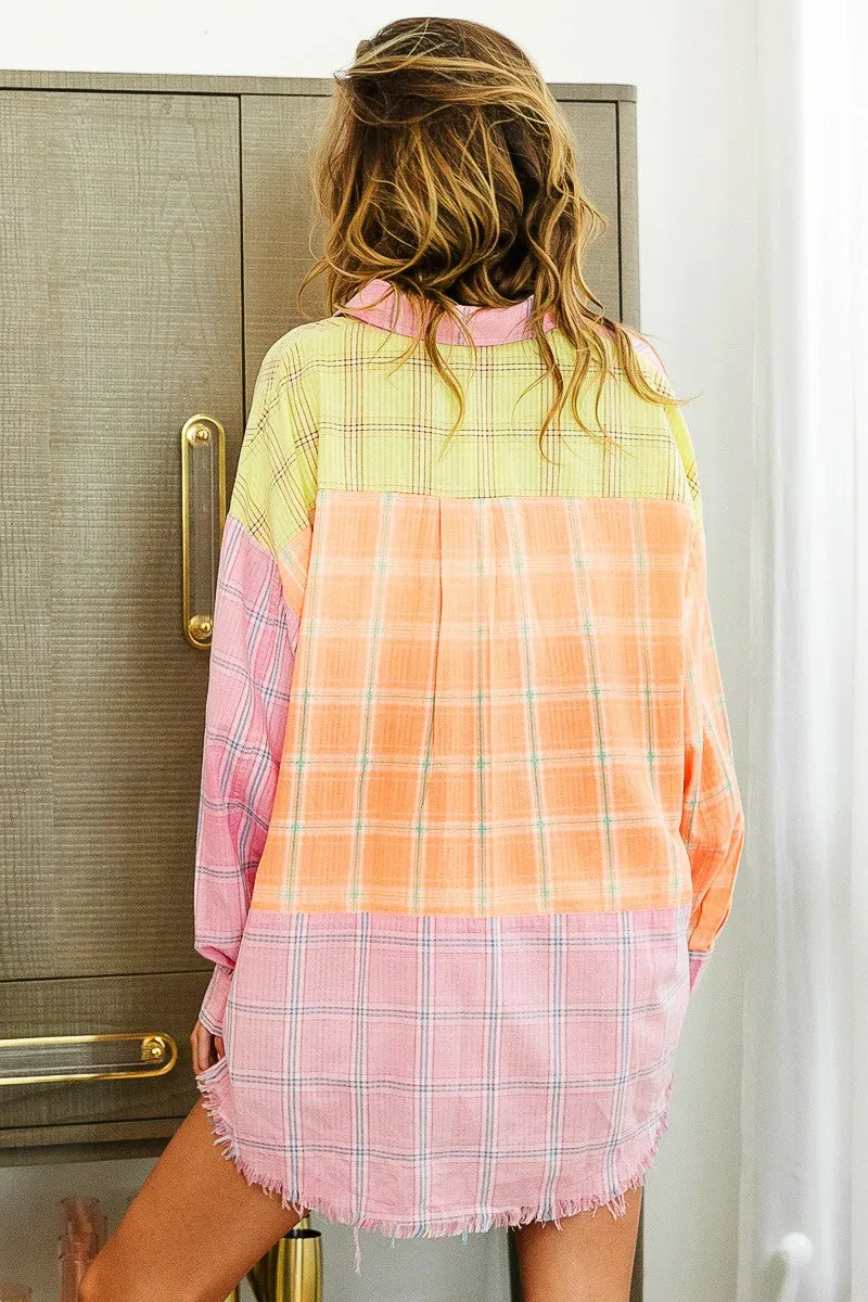 Bleach Washed Check Plaid Shirt
