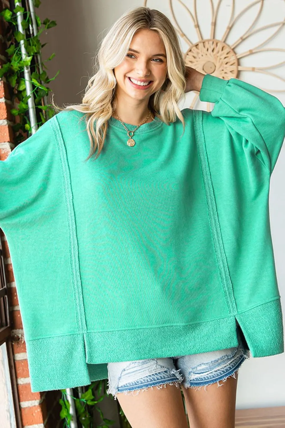 Blue Zone Planet |  First Love Exposed Seam Round Neck Dropped Shoulder Blouse