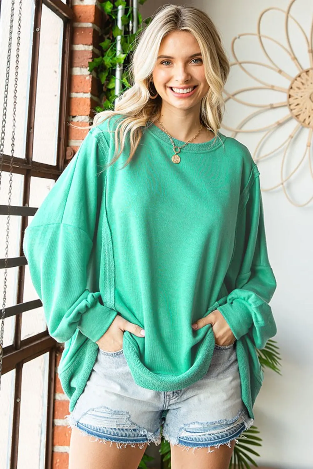 Blue Zone Planet |  First Love Exposed Seam Round Neck Dropped Shoulder Blouse