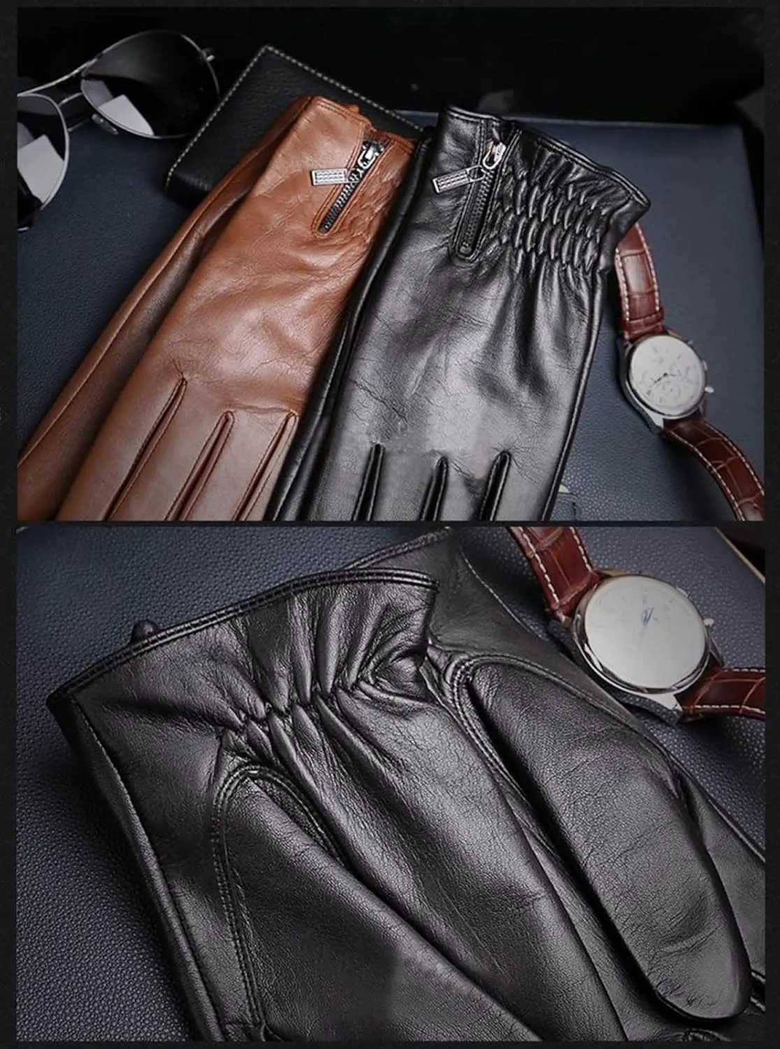 CAKERS Men Leather Driving Gloves|Winter Sheepskin Touchscreen Gloves|Cold Weather Warm Gloves For Outdoor Activities