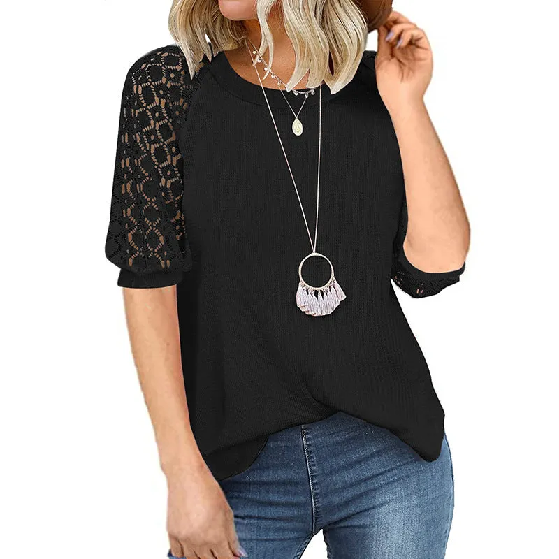 Casual Lace Raglan Sleeves Blouse