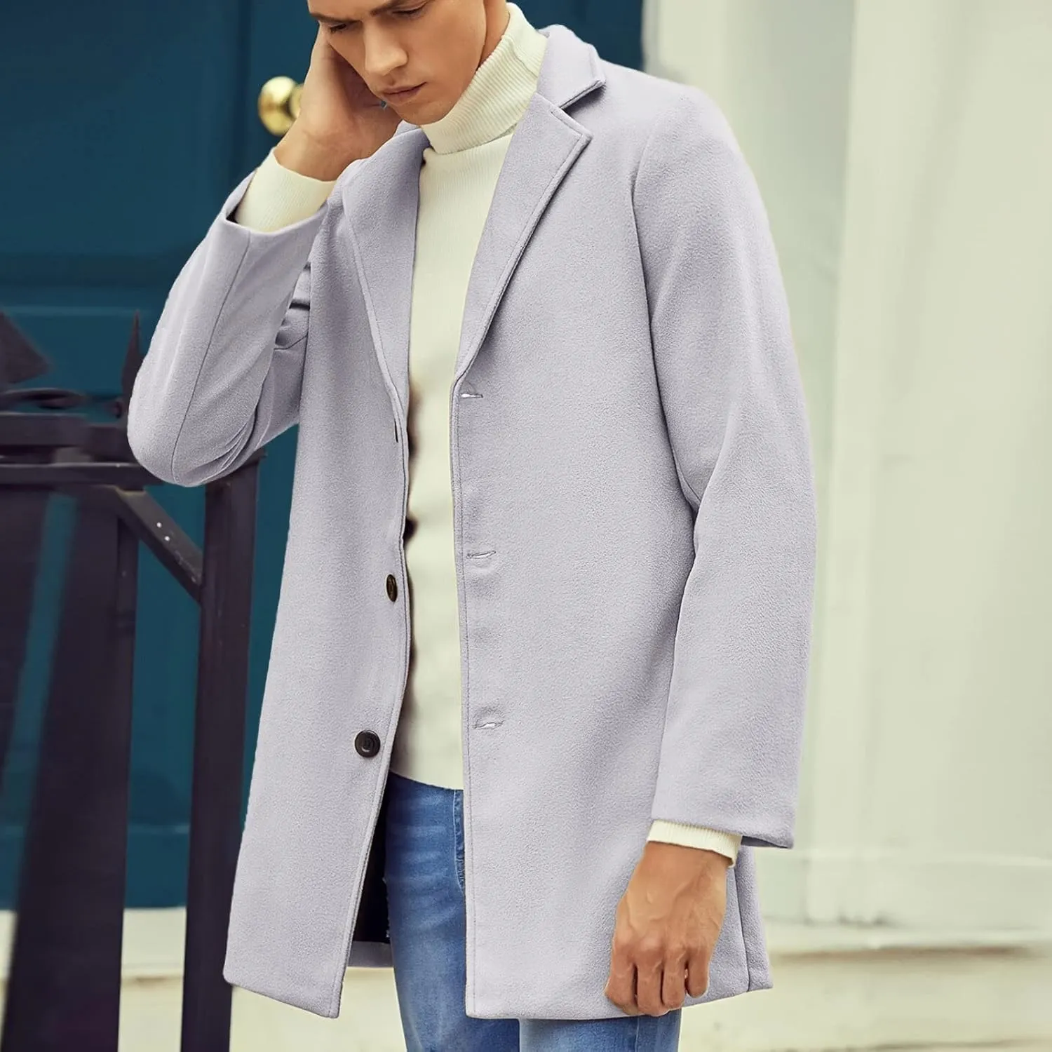 Casual Pea Coat for Men Notched Lapel Trench Coat Single Breasted Solid Overcoat Big and Tall Long Jacket Classic Coat