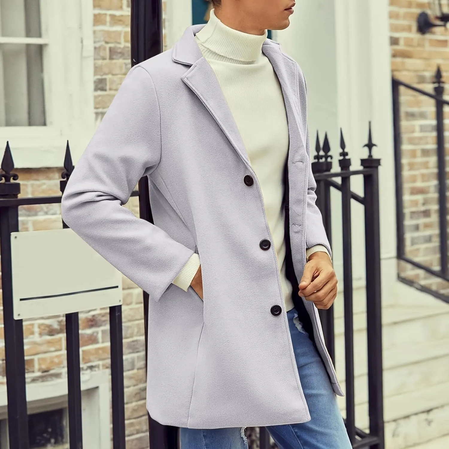 Casual Pea Coat for Men Notched Lapel Trench Coat Single Breasted Solid Overcoat Big and Tall Long Jacket Classic Coat
