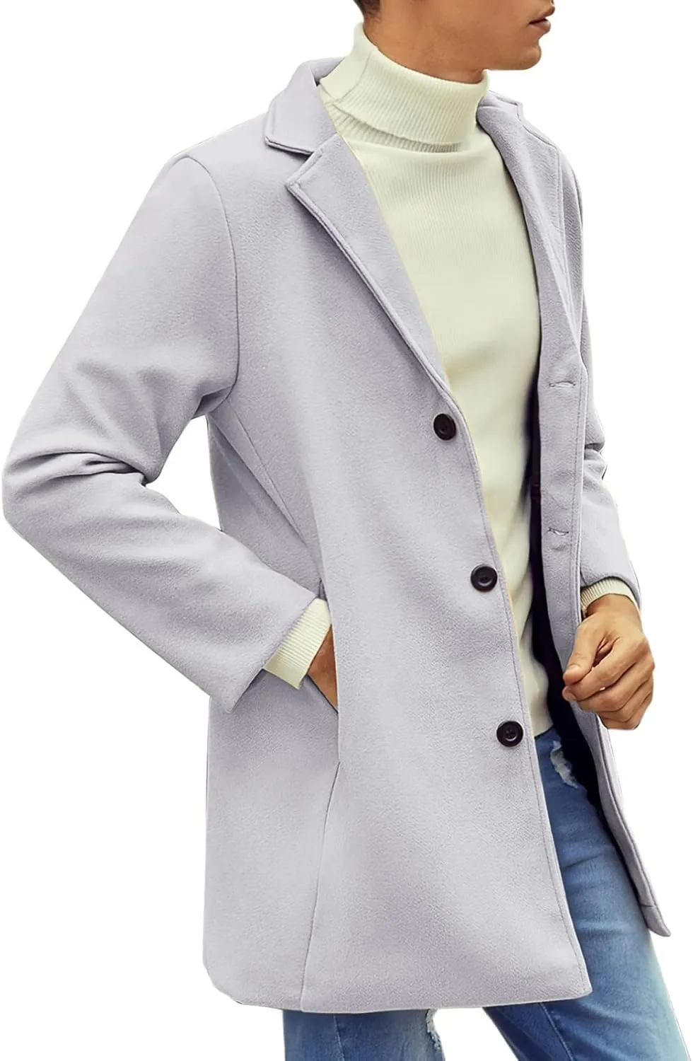 Casual Pea Coat for Men Notched Lapel Trench Coat Single Breasted Solid Overcoat Big and Tall Long Jacket Classic Coat