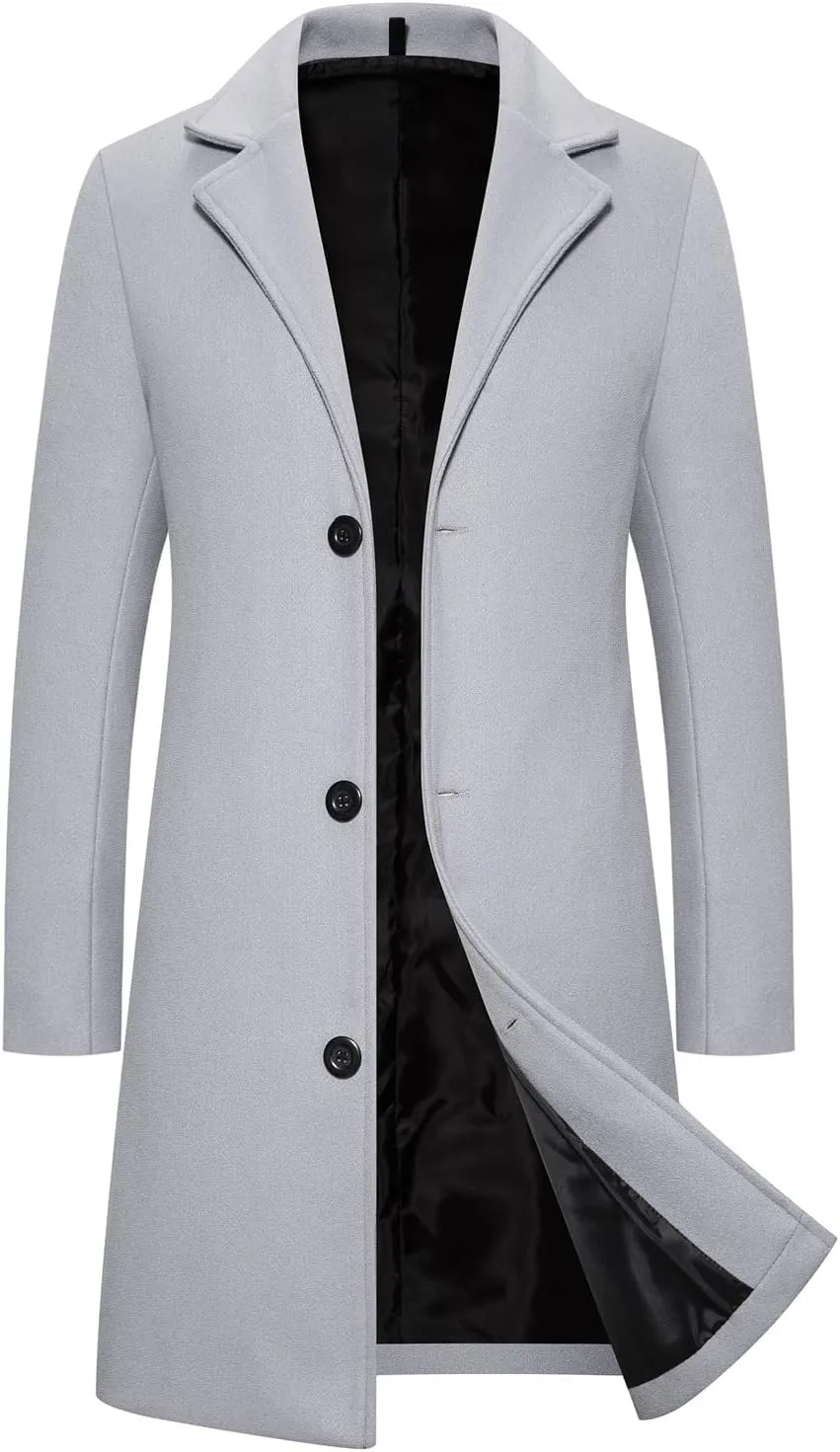 Casual Pea Coat for Men Notched Lapel Trench Coat Single Breasted Solid Overcoat Big and Tall Long Jacket Classic Coat