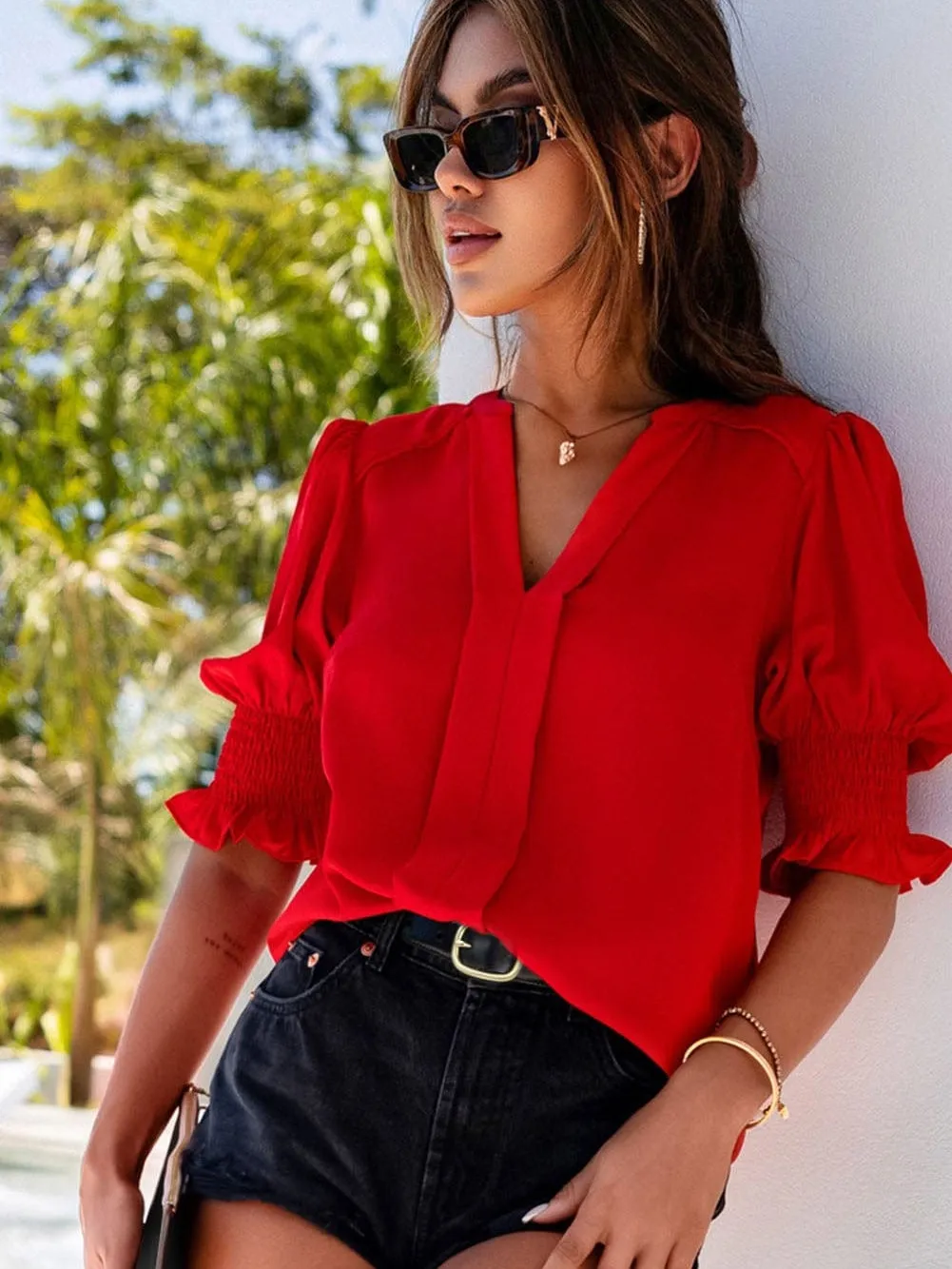 Casual Red Puff Sleeve Shirt