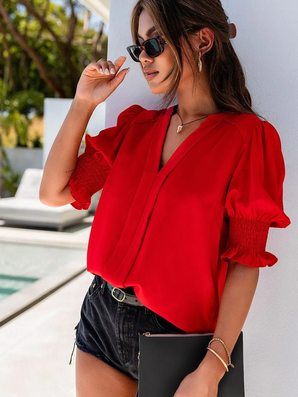 Casual Red Puff Sleeve Shirt