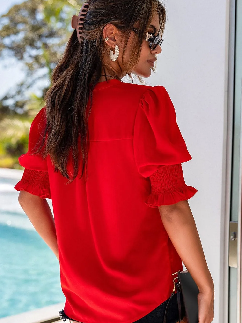 Casual Red Puff Sleeve Shirt