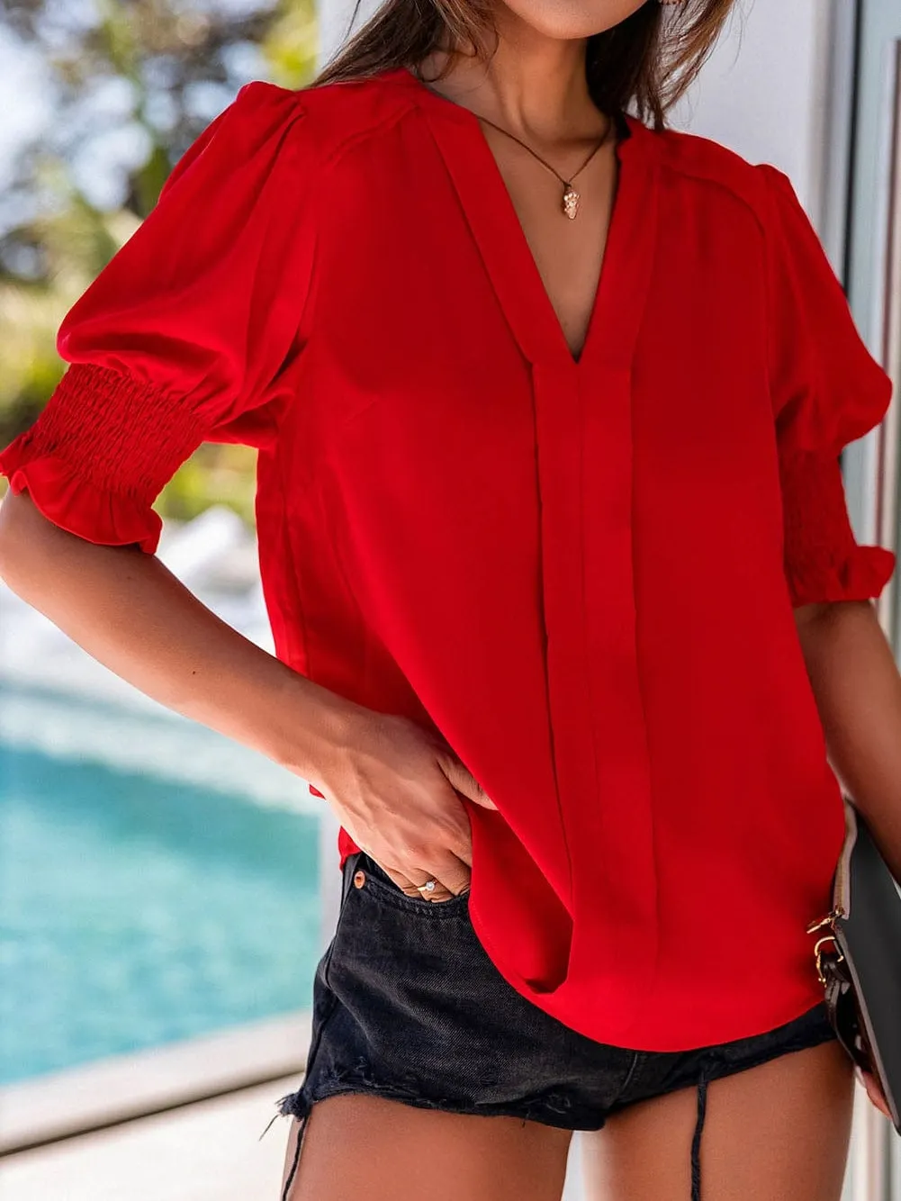 Casual Red Puff Sleeve Shirt