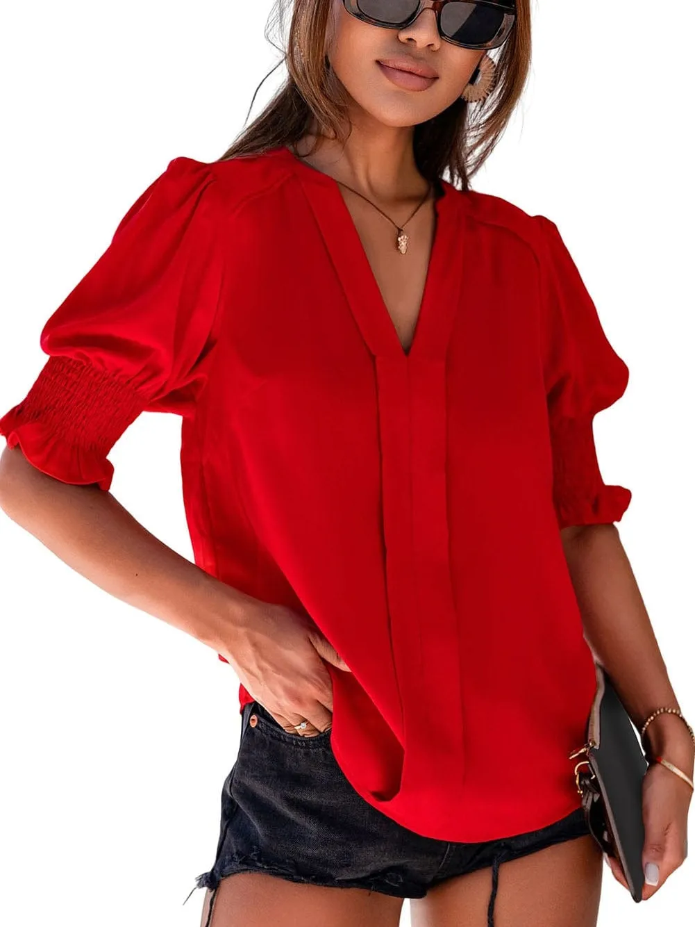 Casual Red Puff Sleeve Shirt
