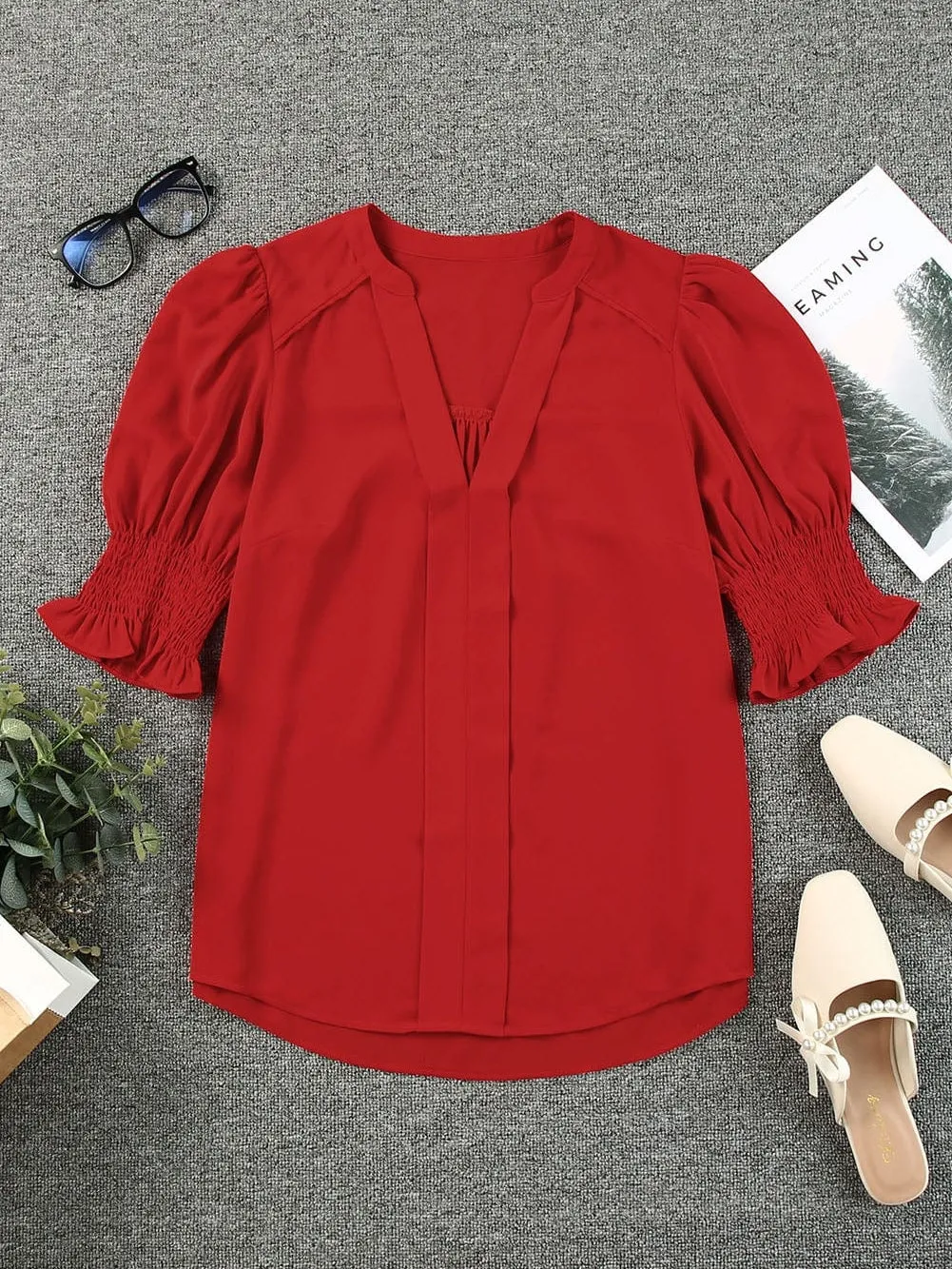Casual Red Puff Sleeve Shirt