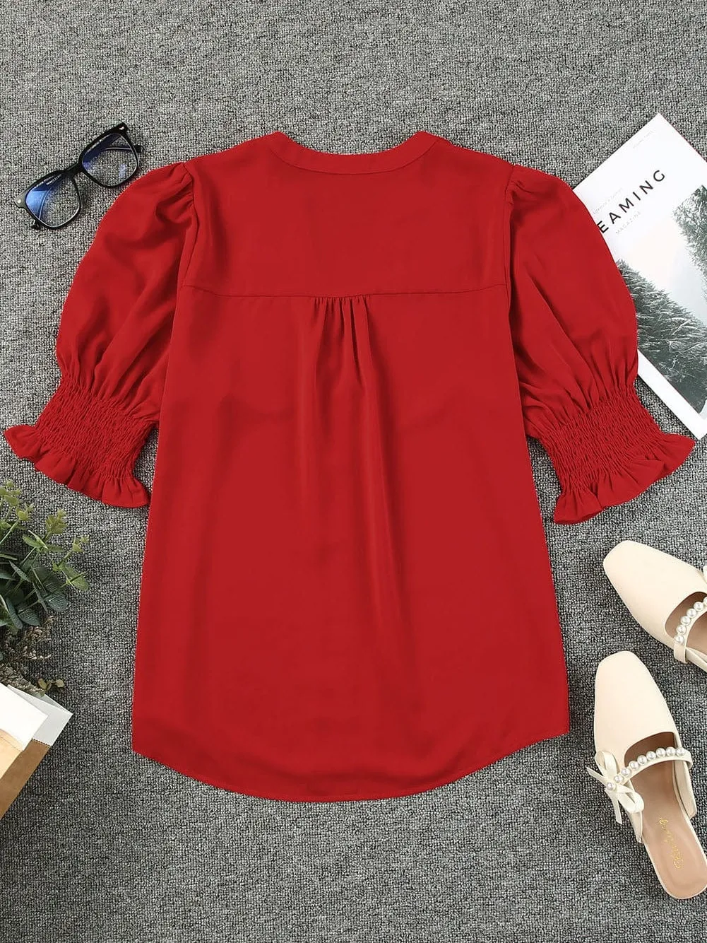 Casual Red Puff Sleeve Shirt