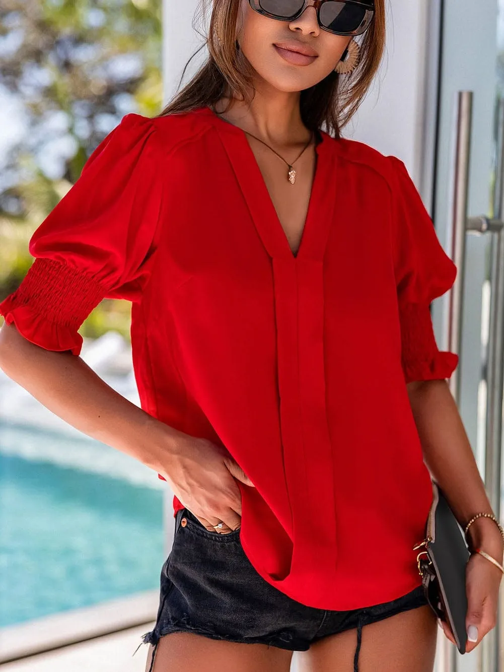 Casual Red Puff Sleeve Shirt