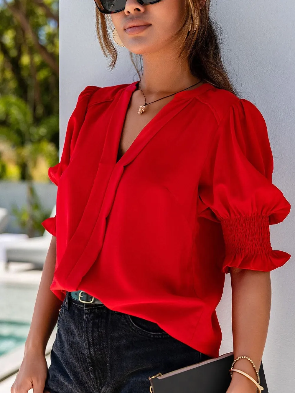 Casual Red Puff Sleeve Shirt