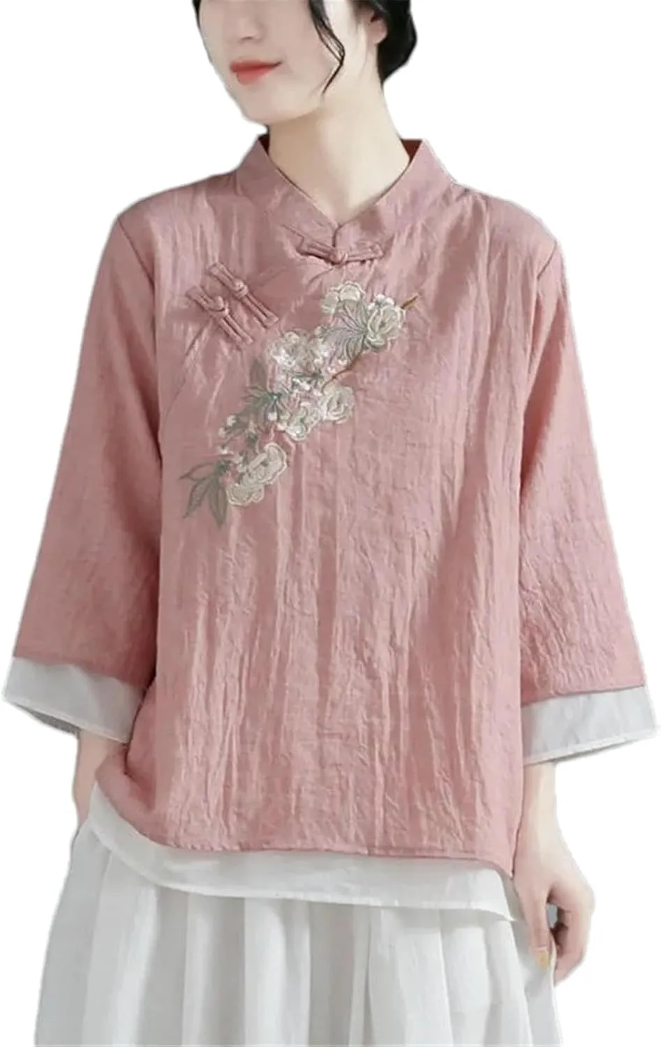 Chinese Cotton Linen Embroidered Shirt Women Spring Autumn Casual Three-Quarter Sleeve Pullover Round Neck T-Shirt