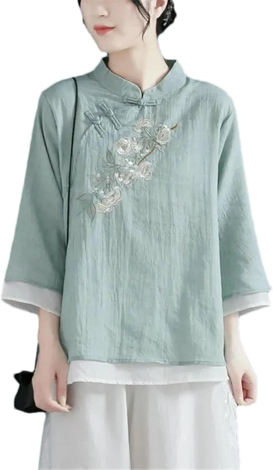 Chinese Cotton Linen Embroidered Shirt Women Spring Autumn Casual Three-Quarter Sleeve Pullover Round Neck T-Shirt
