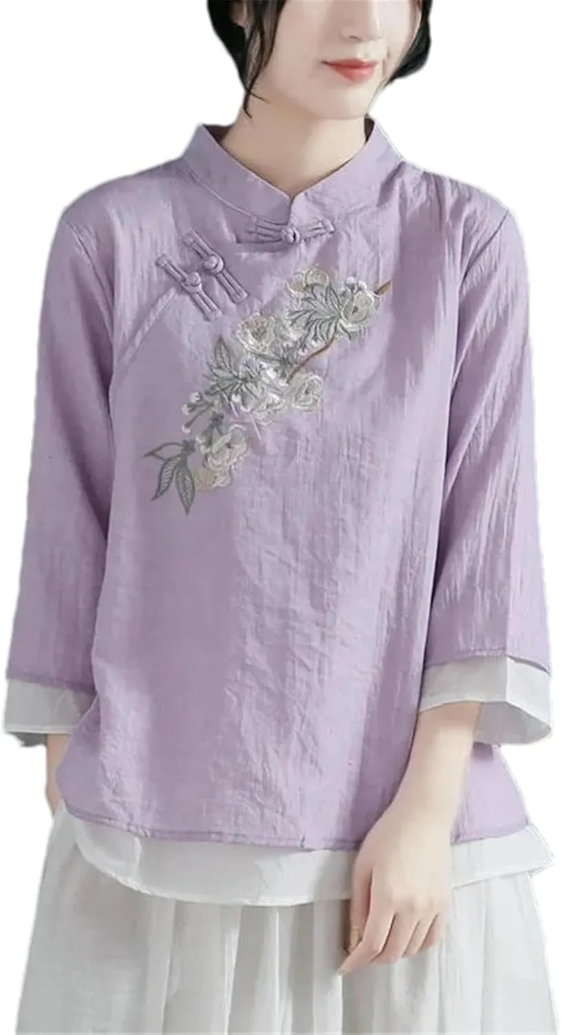 Chinese Cotton Linen Embroidered Shirt Women Spring Autumn Casual Three-Quarter Sleeve Pullover Round Neck T-Shirt