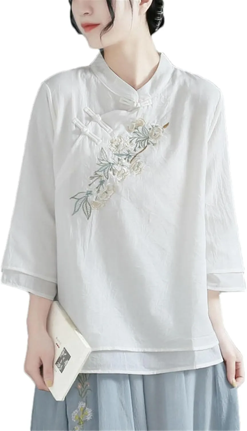 Chinese Cotton Linen Embroidered Shirt Women Spring Autumn Casual Three-Quarter Sleeve Pullover Round Neck T-Shirt