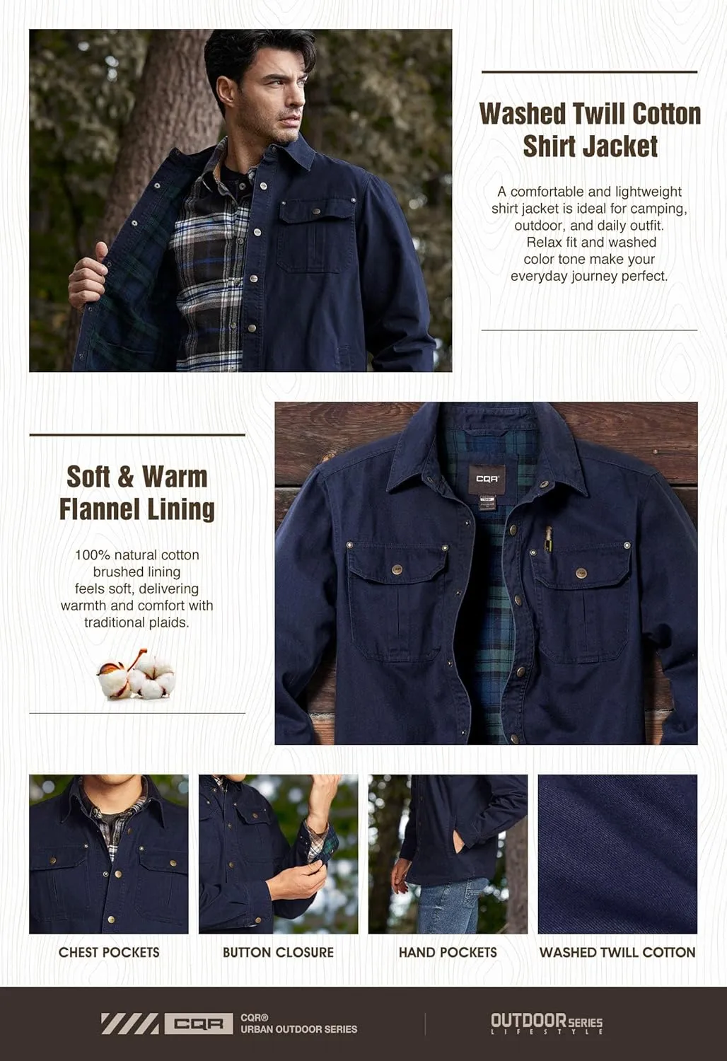 CQR Men's Twill All Cotton Flannel Lined Shirt Jacket, Soft Brushed Outdoor Shirt Jacket