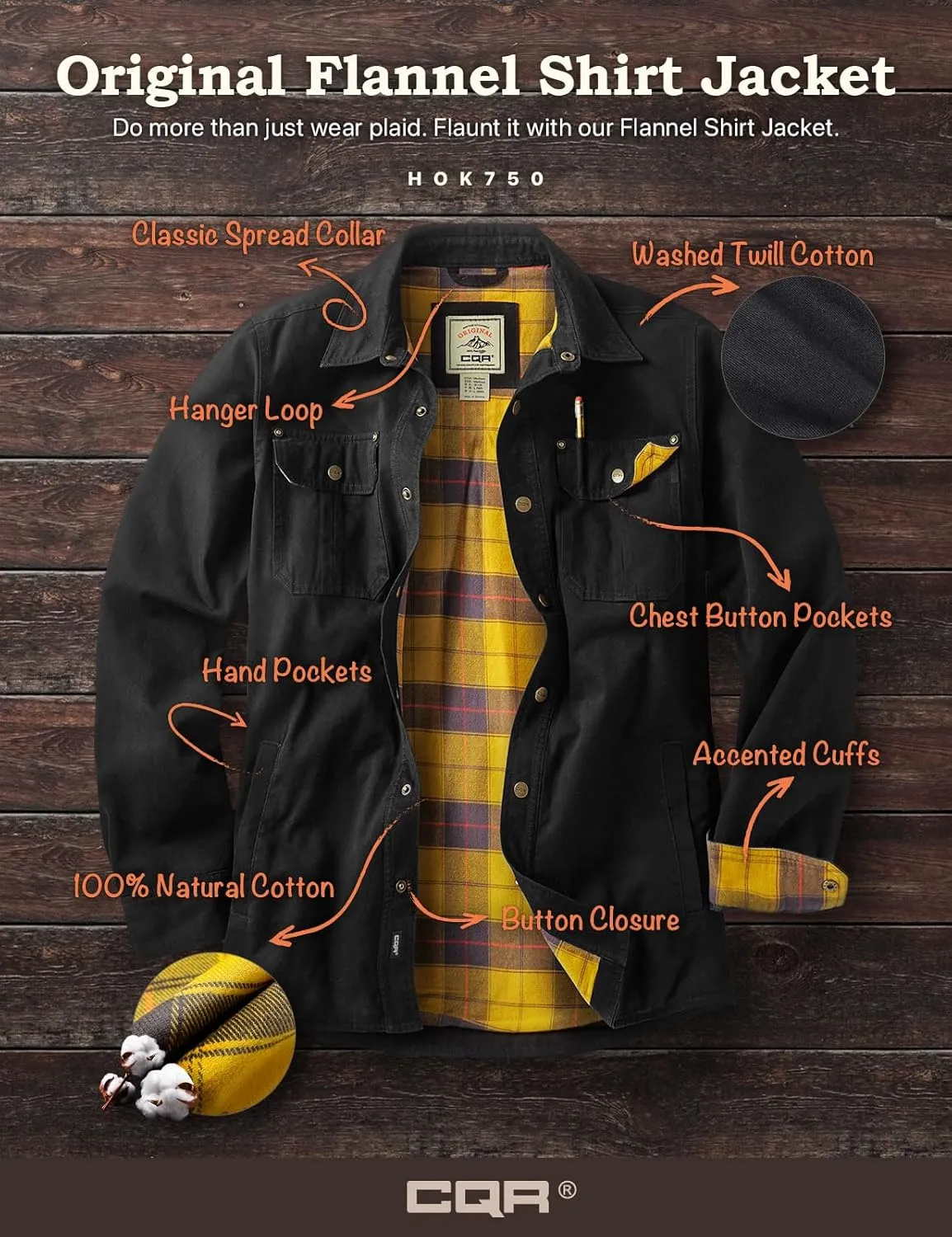 CQR Men's Twill All Cotton Flannel Lined Shirt Jacket, Soft Brushed Outdoor Shirt Jacket