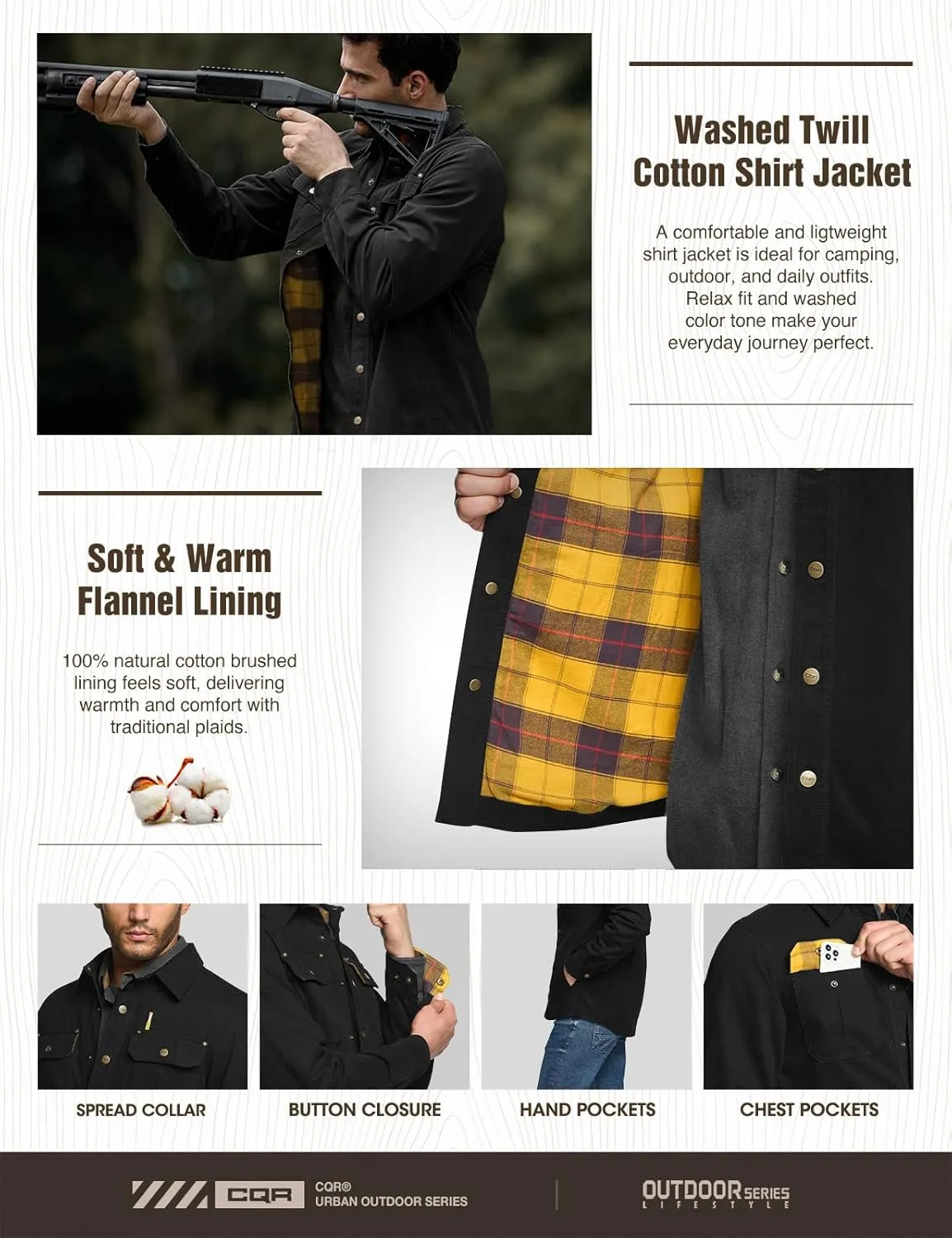 CQR Men's Twill All Cotton Flannel Lined Shirt Jacket, Soft Brushed Outdoor Shirt Jacket