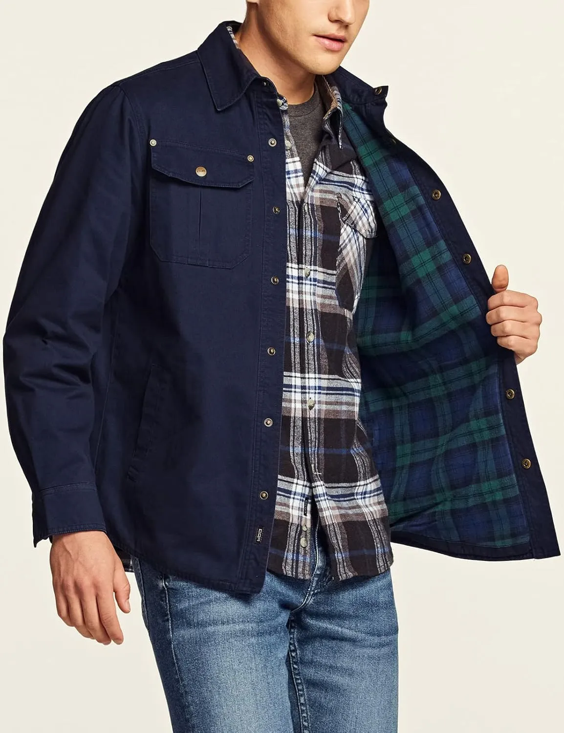 CQR Men's Twill All Cotton Flannel Lined Shirt Jacket, Soft Brushed Outdoor Shirt Jacket