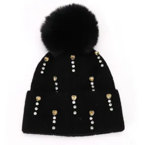 Crystal Heart Ribbed Bobble Hat