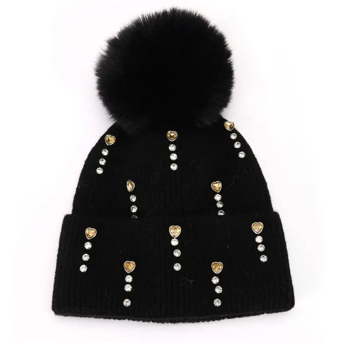 Crystal Heart Ribbed Bobble Hat