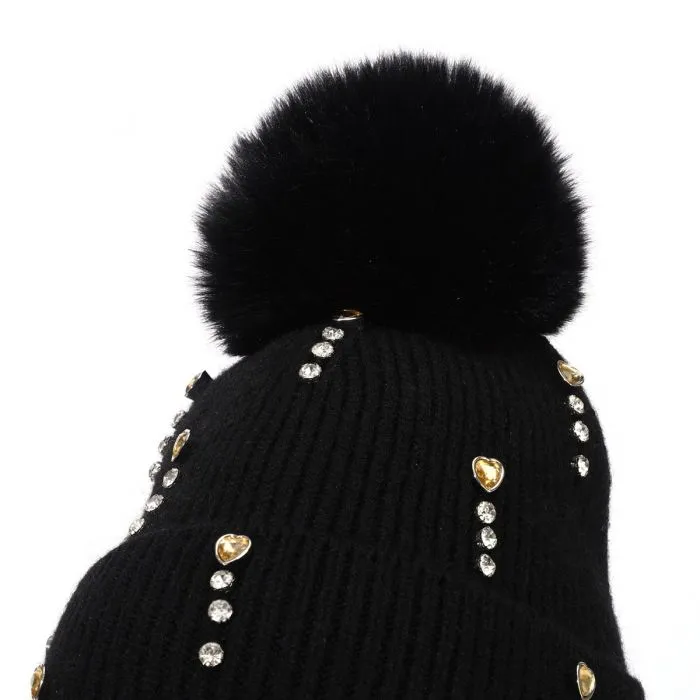Crystal Heart Ribbed Bobble Hat