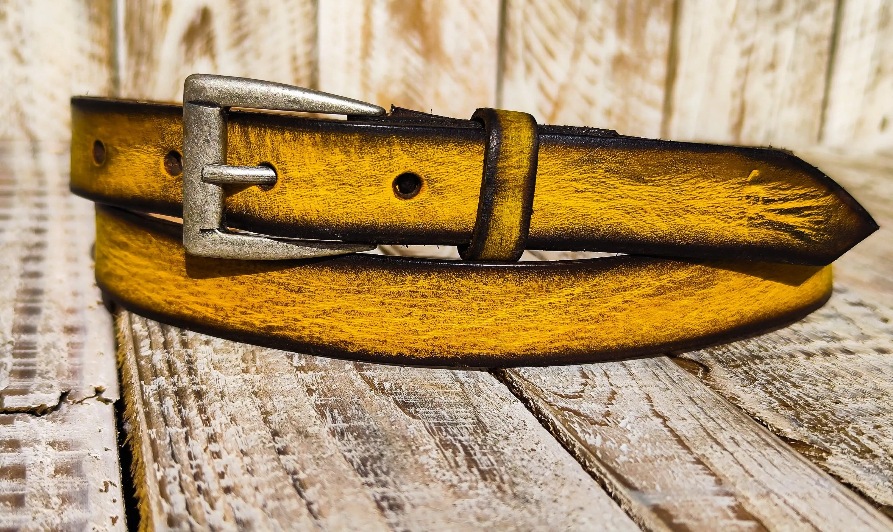 Distressed Yellow Narrow Leather Belt with Brown Wash and Silver Buckle for Men and Women - Statement Piece for Your Jeans