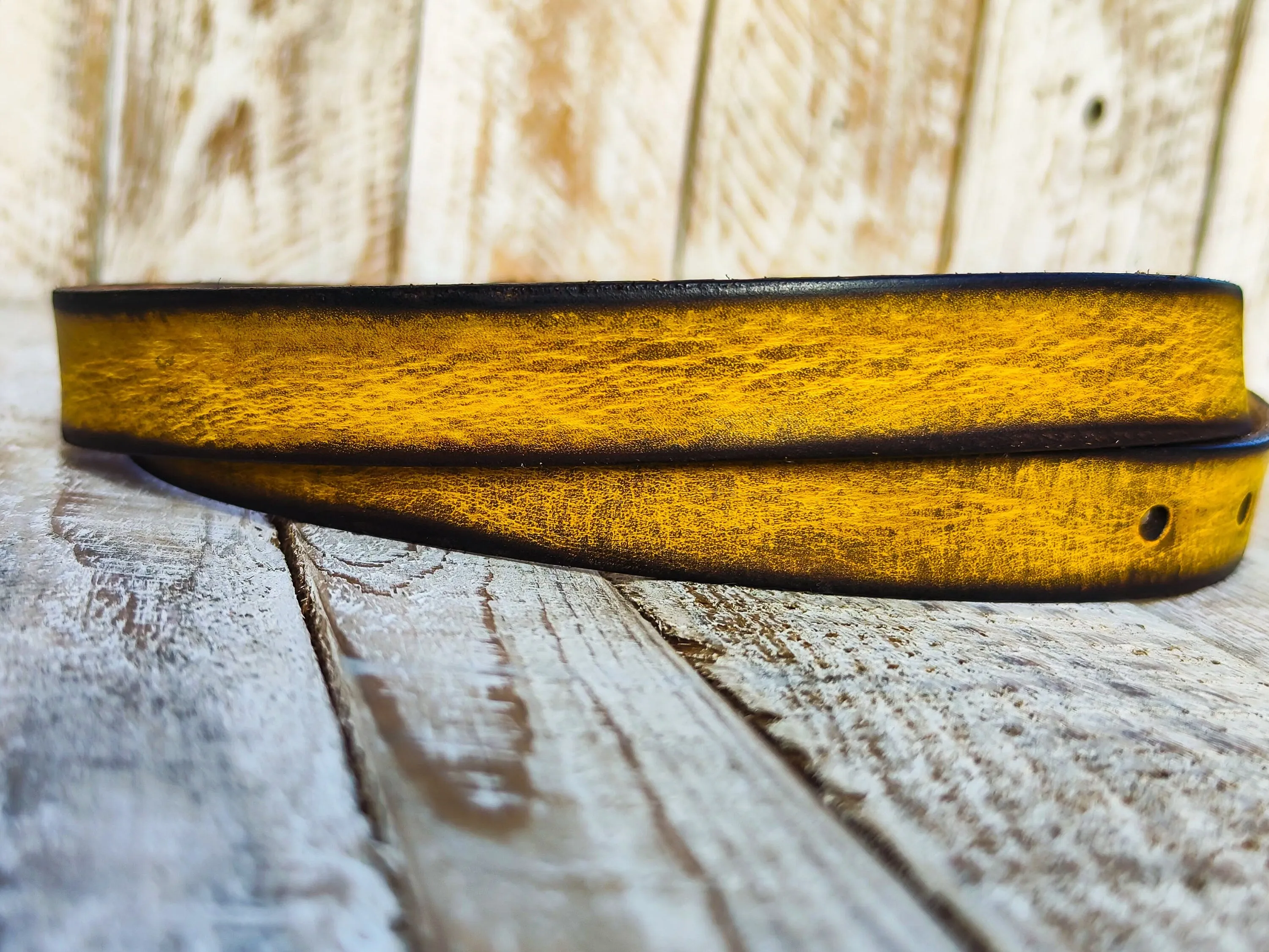 Distressed Yellow Narrow Leather Belt with Brown Wash and Silver Buckle for Men and Women - Statement Piece for Your Jeans