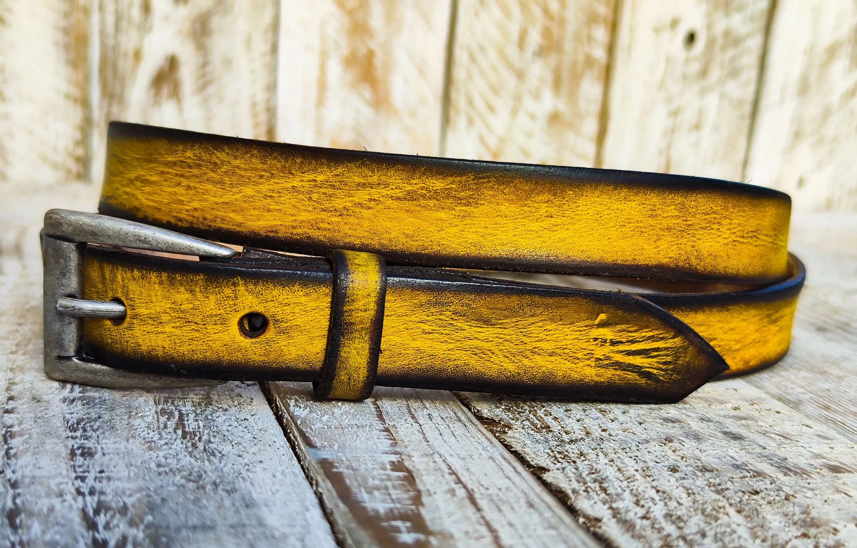 Distressed Yellow Narrow Leather Belt with Brown Wash and Silver Buckle for Men and Women - Statement Piece for Your Jeans