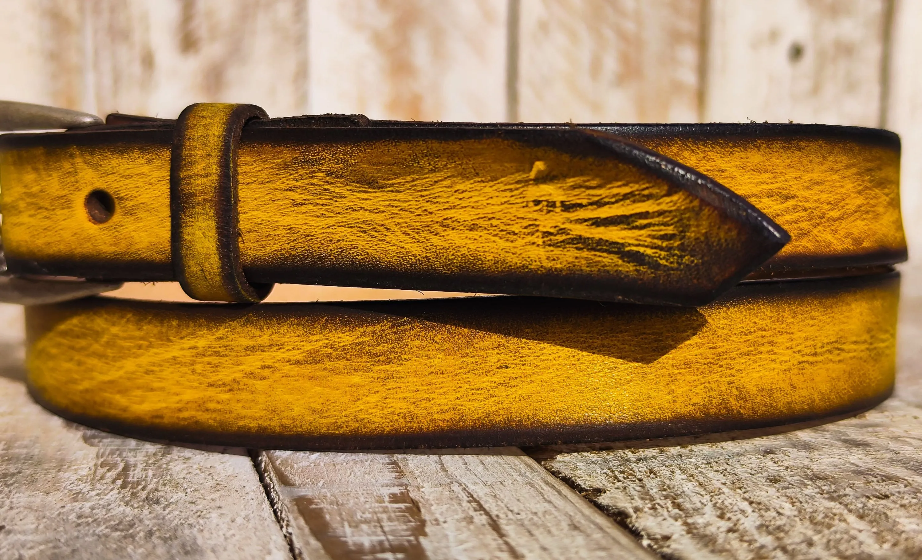 Distressed Yellow Narrow Leather Belt with Brown Wash and Silver Buckle for Men and Women - Statement Piece for Your Jeans