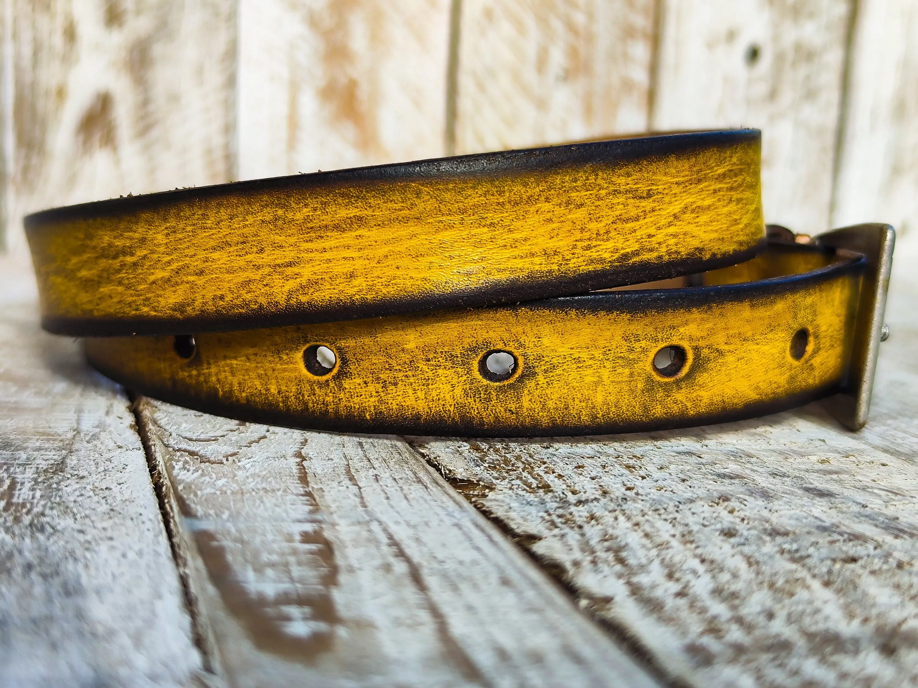 Distressed Yellow Narrow Leather Belt with Brown Wash and Silver Buckle for Men and Women - Statement Piece for Your Jeans