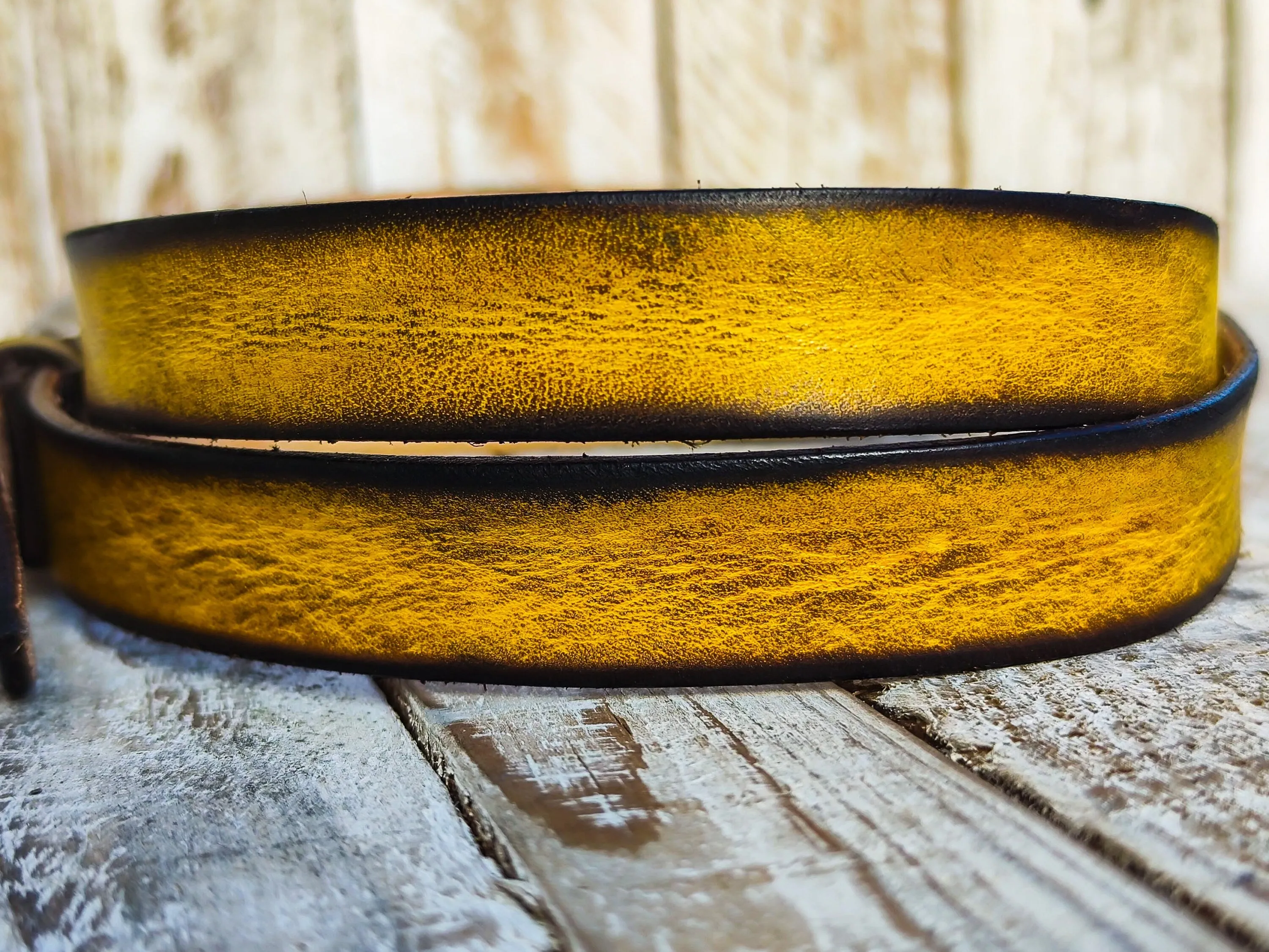 Distressed Yellow Narrow Leather Belt with Brown Wash and Silver Buckle for Men and Women - Statement Piece for Your Jeans