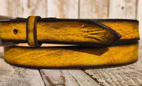 Distressed Yellow Narrow Leather Belt with Brown Wash and Silver Buckle for Men and Women - Statement Piece for Your Jeans