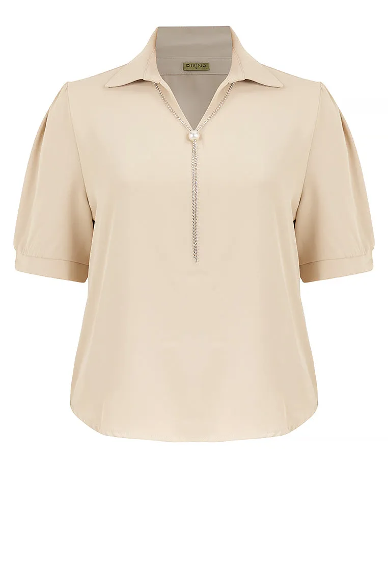 Divina Plus Size Collar Blouse with FREE Detachable Crystal Necklace and Pearl Detail