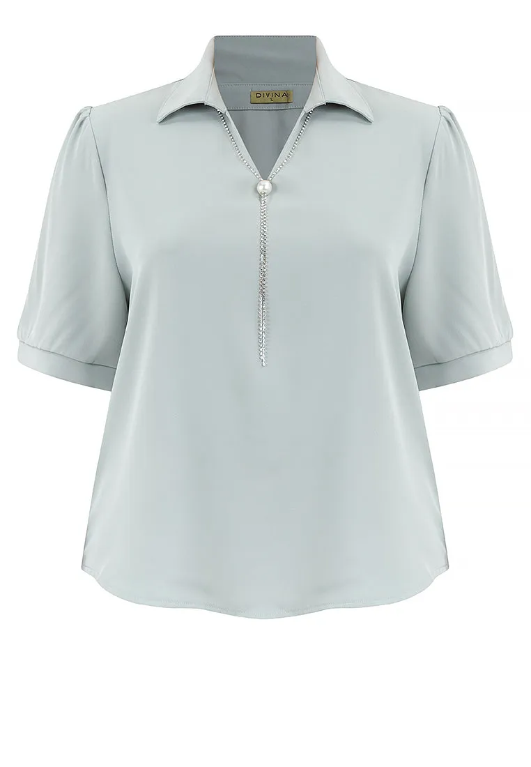 Divina Plus Size Collar Blouse with FREE Detachable Crystal Necklace and Pearl Detail