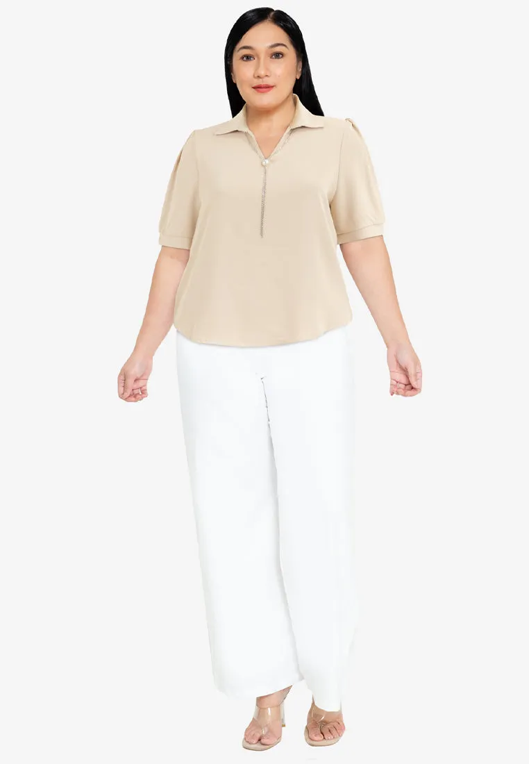 Divina Plus Size Collar Blouse with FREE Detachable Crystal Necklace and Pearl Detail