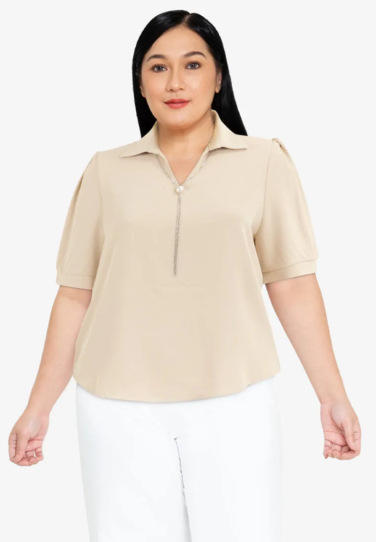 Divina Plus Size Collar Blouse with FREE Detachable Crystal Necklace and Pearl Detail