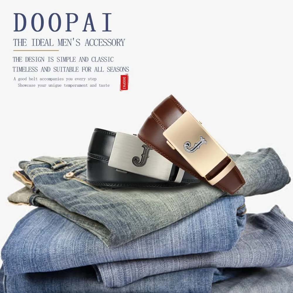 DOOPAI Men's Leather Ratchet Belts 2 Pack Adjustable Click Belt Set for Dress & Casual, Custom Fit 1 3/8" (35mm) -Trim to Fit
