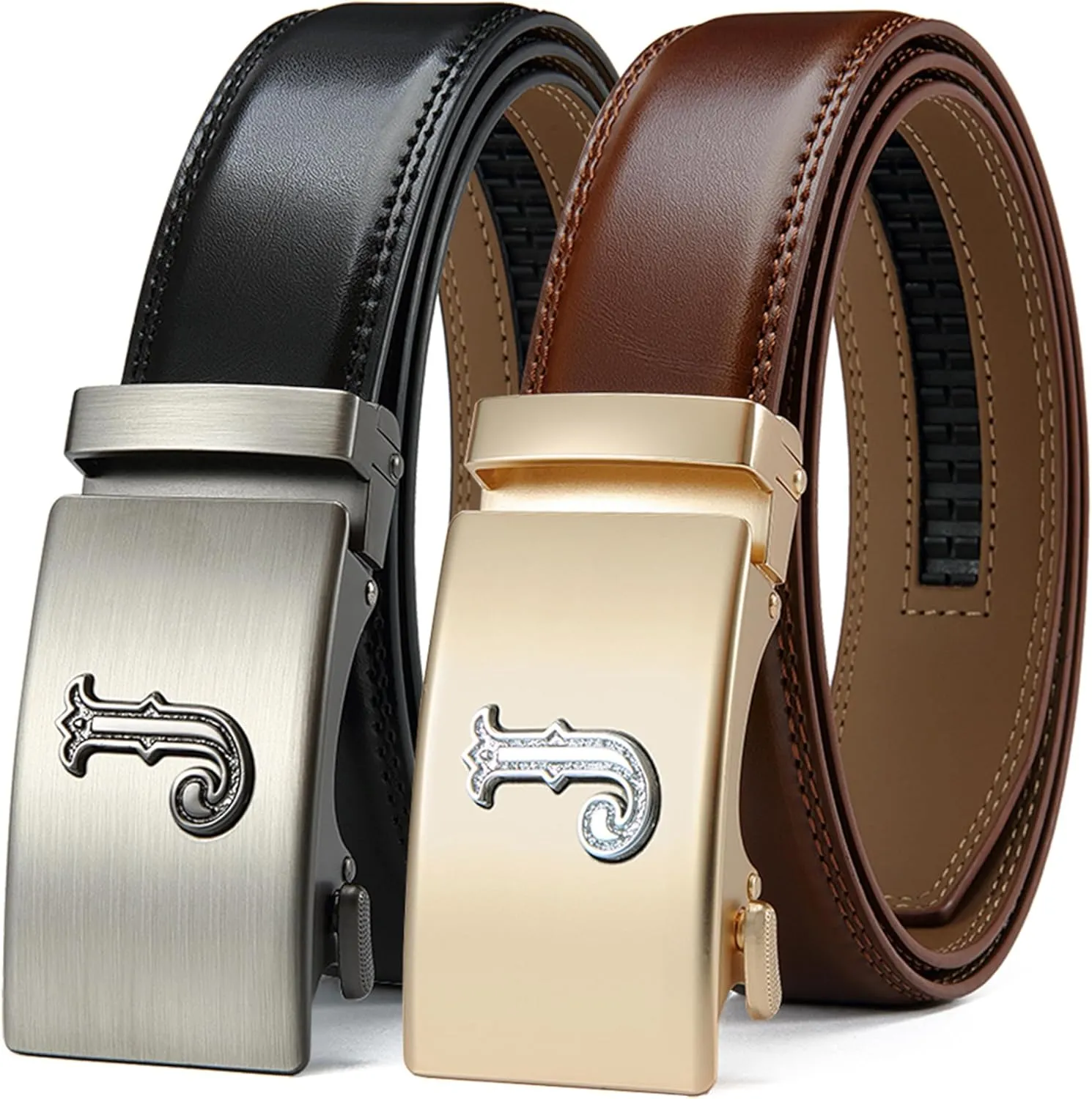 DOOPAI Men's Leather Ratchet Belts 2 Pack Adjustable Click Belt Set for Dress & Casual, Custom Fit 1 3/8" (35mm) -Trim to Fit